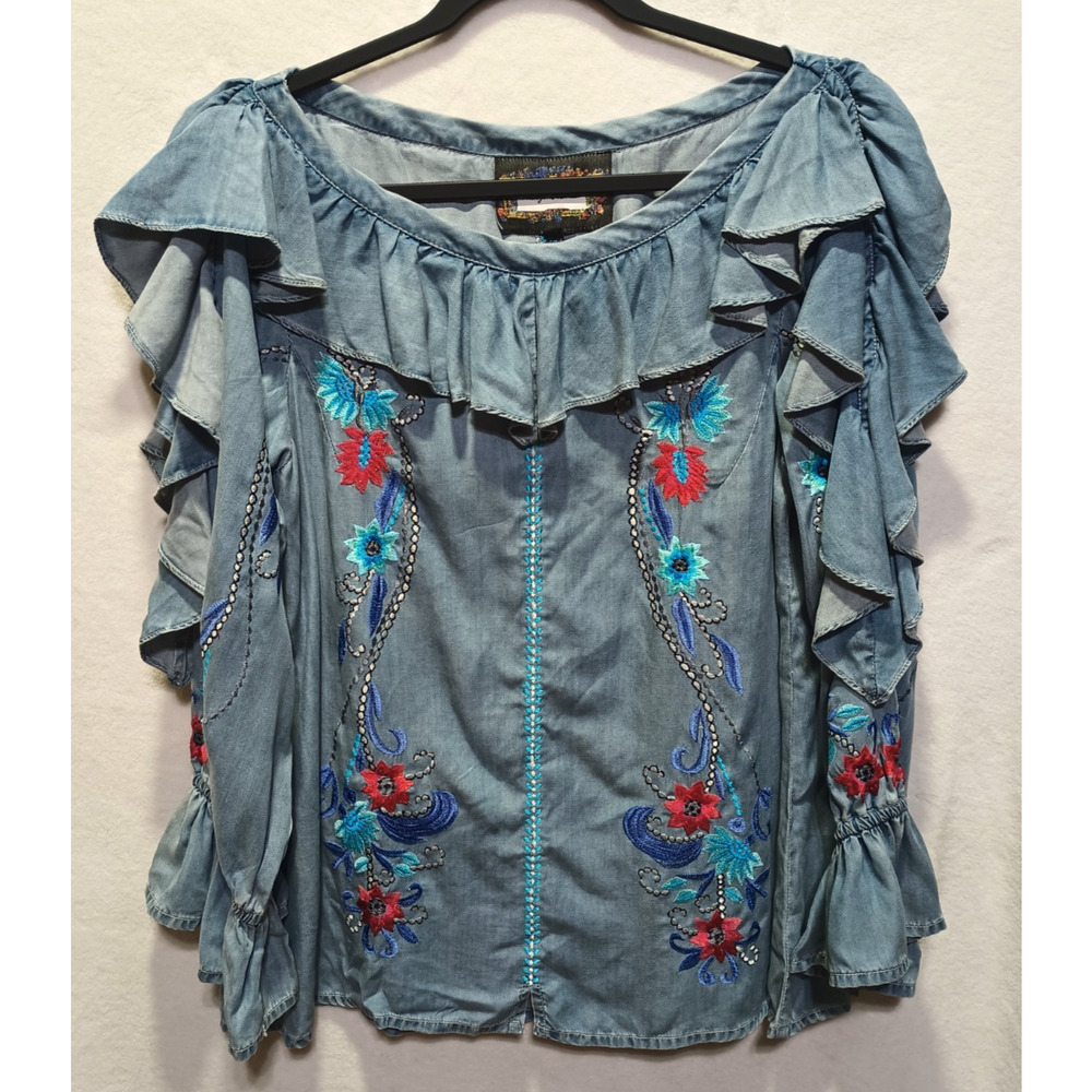 Vintage Collection Women's L Embroidered Lyocell Peasant Blouse Floral Ruffle